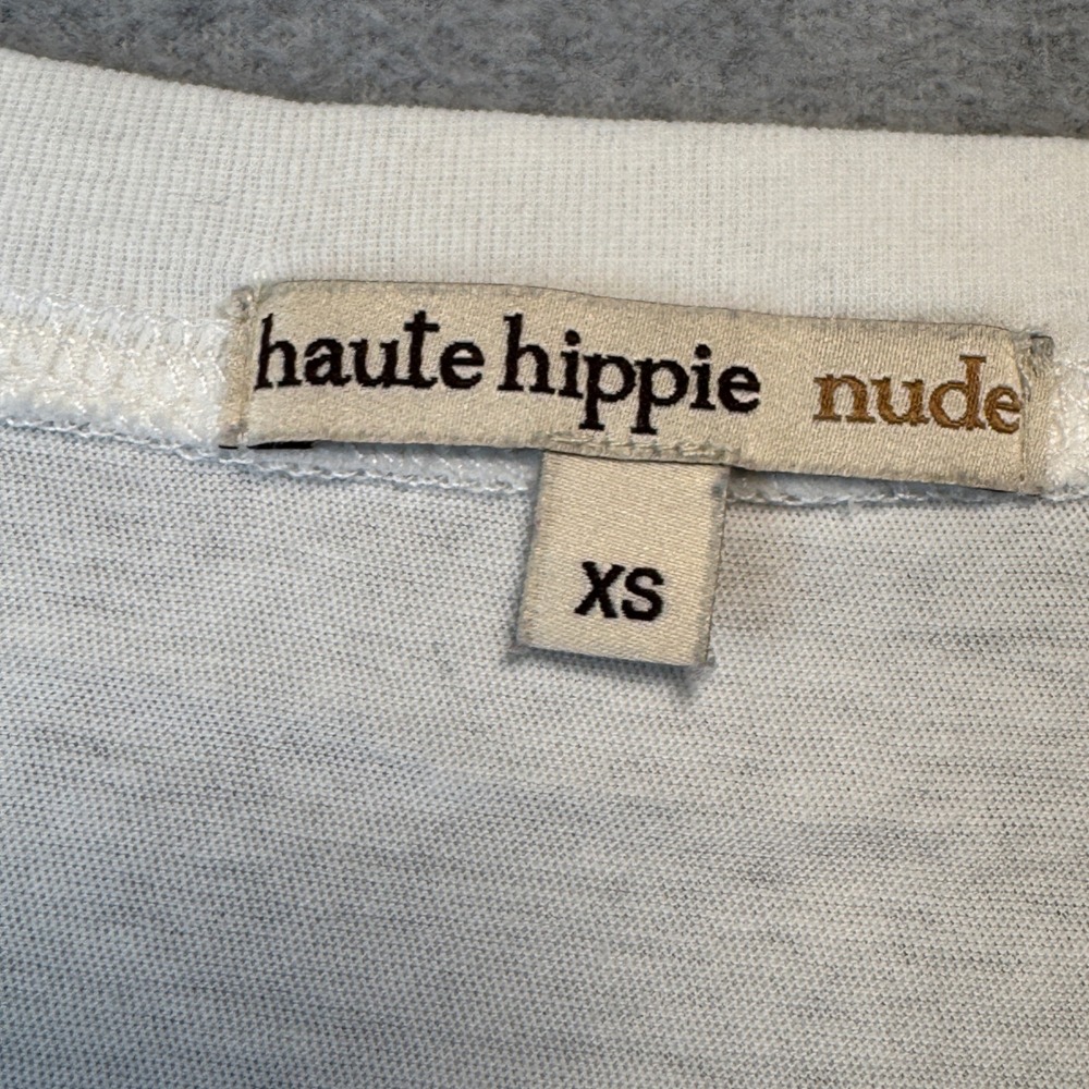 Haute Hippie Nude V-Neck Tee White Feather Graphic XS Peru Cotton Luxury T Shirt - Picture 3 of 5